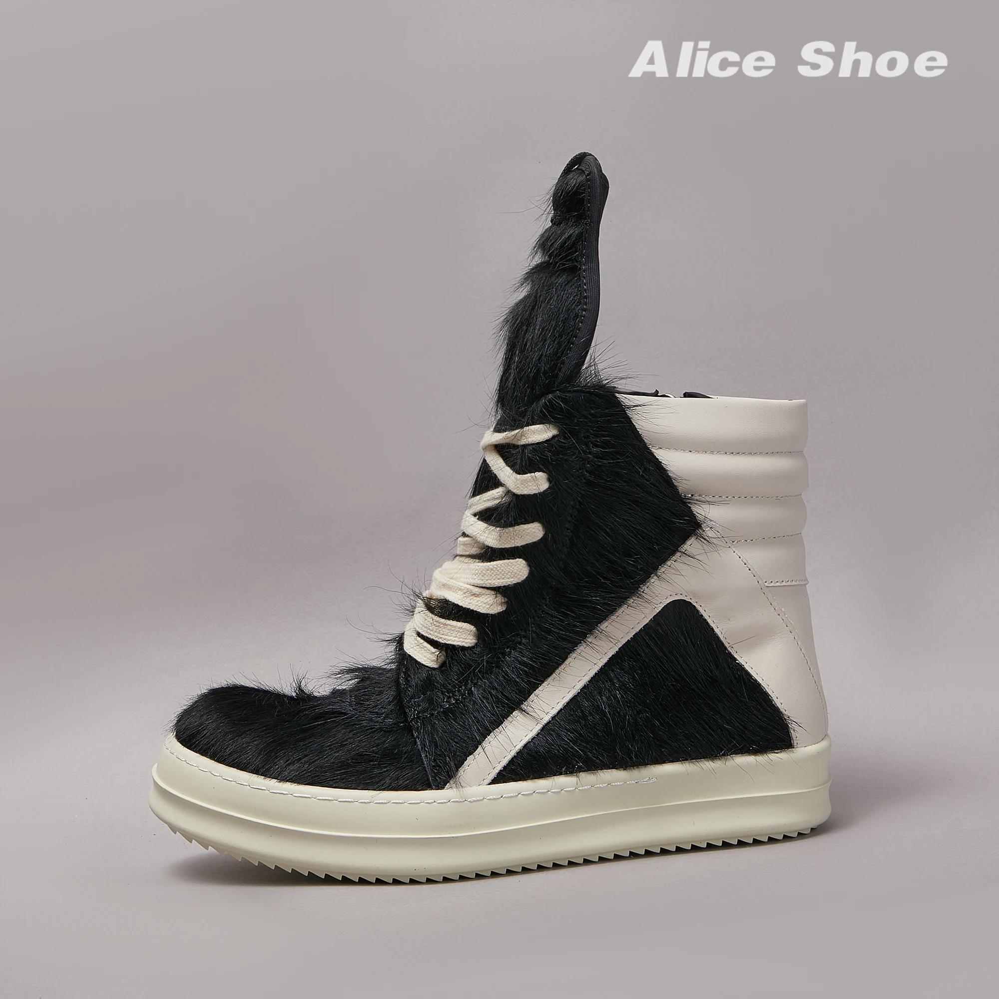 Brand Women Sneaker Horse Fur Casual High Top Men Shoe Leather Geobasket Black Zipper Designer Trainer Thick-sole Ankle Boot