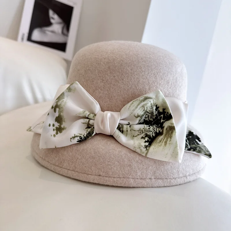 New ink painting bow ribbon lampshade hat Elegant fashion Australian wool felt top hat women's church banquet hat