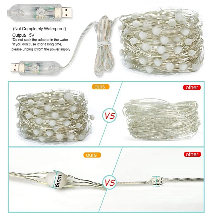 Tirvose-Luzes de Natal com controlo inteligente para aplicações, telecomando USB, BT Fairy Garland, luz para festa, casamento, decoração de Natal, 5m, 10m, 20m