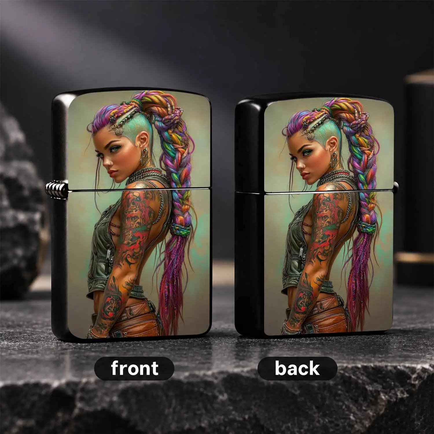 Creative Rainbow Braided Tattoo Girl Pattern Lighter, Stylish Punk Art Style Portable Ignition Device, Unique Aesthetic Daily Carry Accessory, Ideal For Gifting And Personal Use Across All Scenes, Eye-Catching Decorative Practical Cool Coll