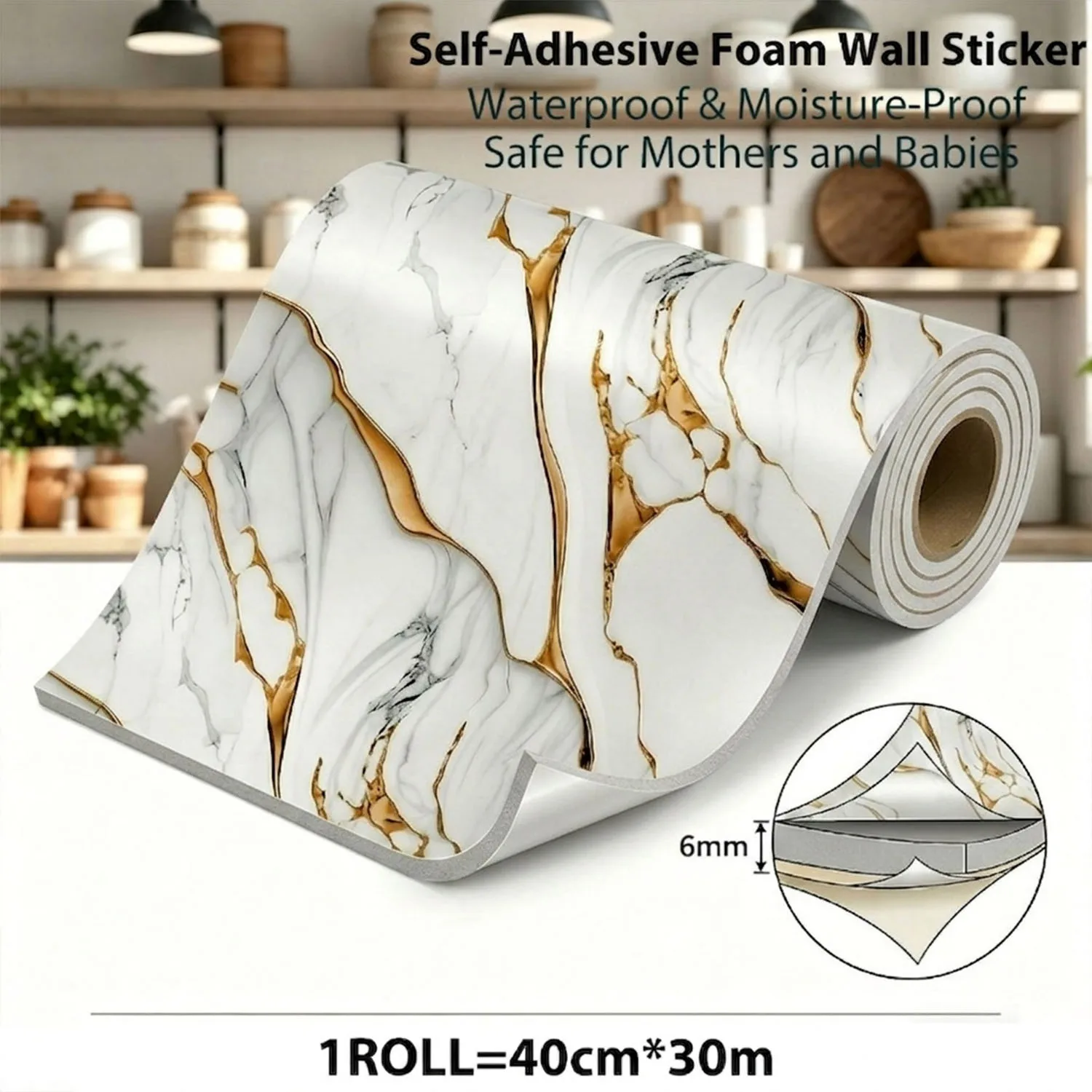 1 Roll Waterproof Self-Adhesive Peel & Stick Wallpaper Luxury Marble Floor  Easy Installation Suitable for Bathroom Decoration