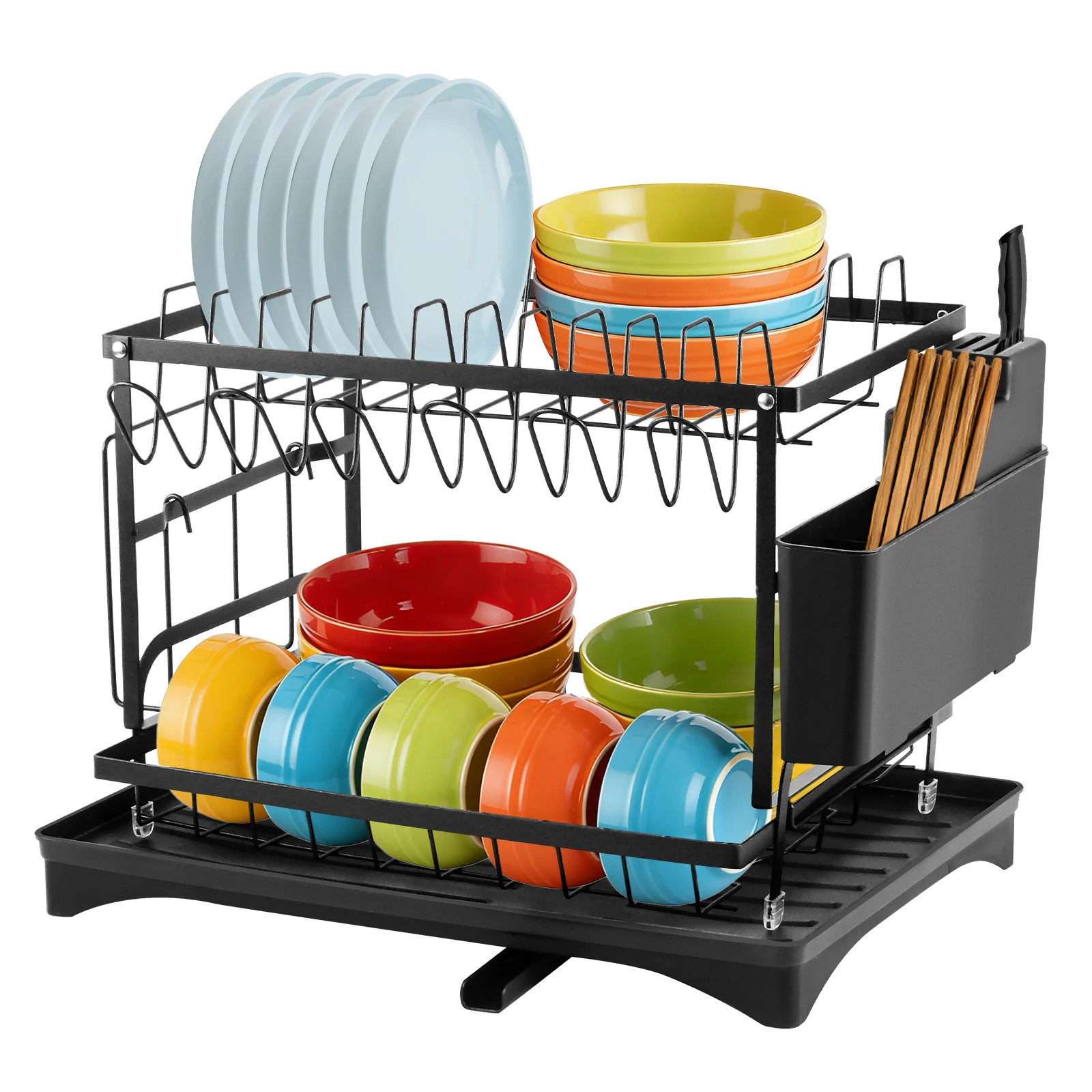 Égouttoir à vaisselle à 2 niveaux en acier au carbone pour évier de cuisine, égouttoir à vaisselle anti-rouille large pour assiettes et bols, support de lavage de la vaisselle, plateau de récupération des eaux, 360° °   Bec de vidange pivotant, gain de place, noir