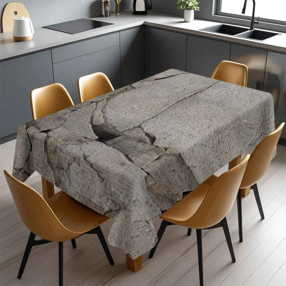 Hieroglyph Tablecloth, Grey Cracked Stone Ancient Egyptian Hieroglyph Print, Washable Table Cover, Dining Room Home Decor
