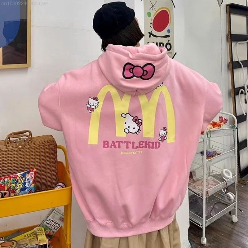 Sanrio Hello Kitty New Hoodie American Streetwear Couple Loose Cardigan Coat Y2k Women Trend Sweatshirt Preppy Casual Clothing