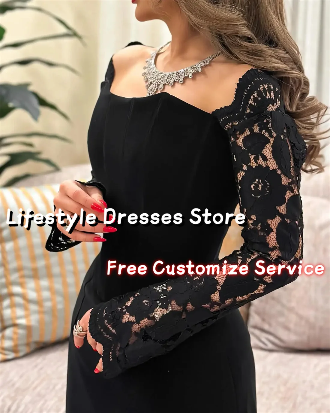 Customized Black Crepe Prom Dress Elegant Women\'s Off Shoulder Lace Long Sleeve Party Evening Gown Formal Occasion Dresses 2024