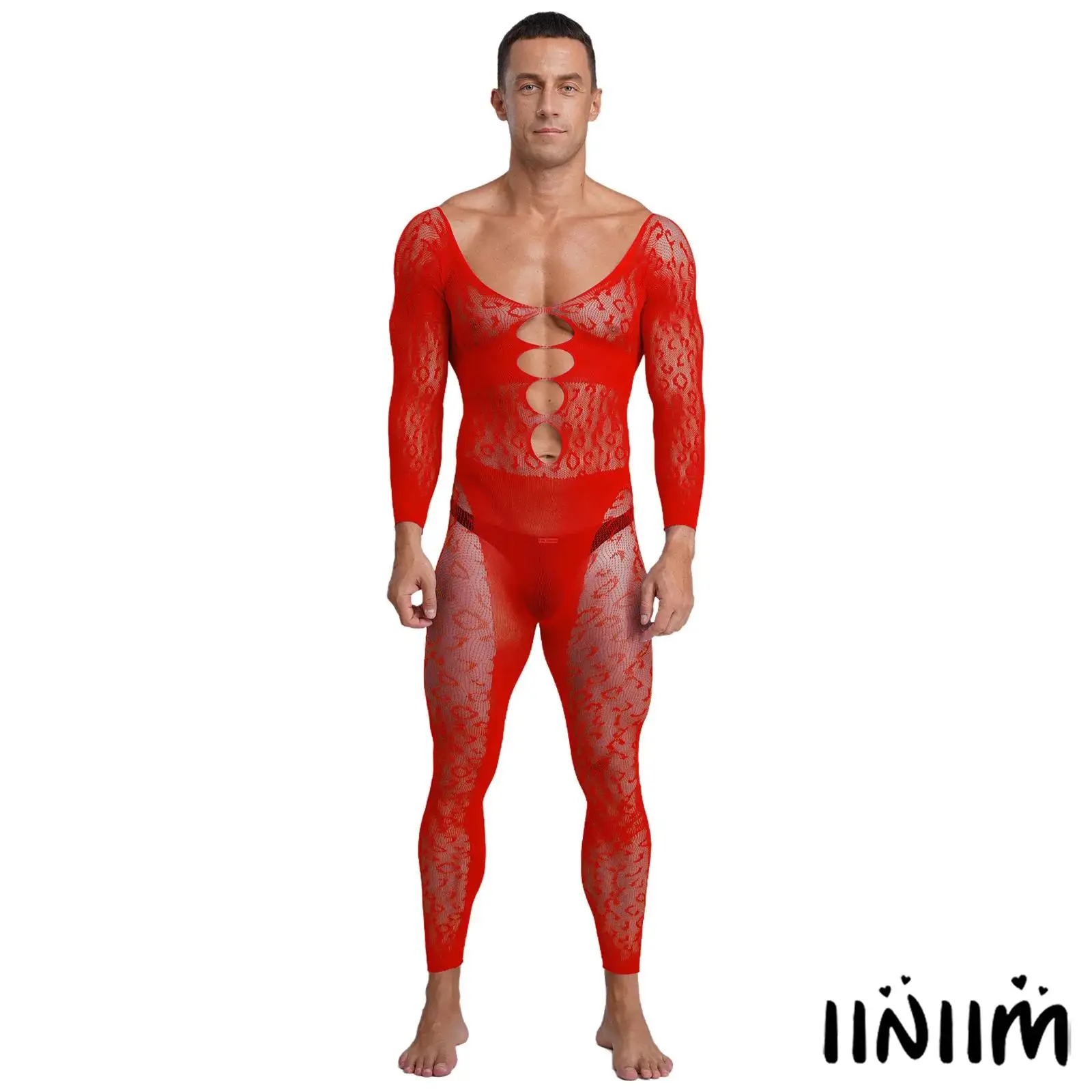 

Mens See Through Fishnet Bodysuit Jumpsuit Long Sleeve Hollow Out Stretchy Unitard Catsuit Clubwear for Nightclub Raves Party