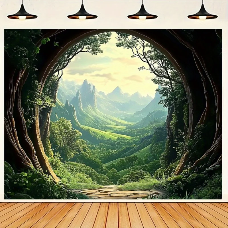 Nordic Forest Tapestry – Majestic Mountains Through Tree Arch, Vibrant Print, Polyester, Wall Decor for Living Room, Bedroom,