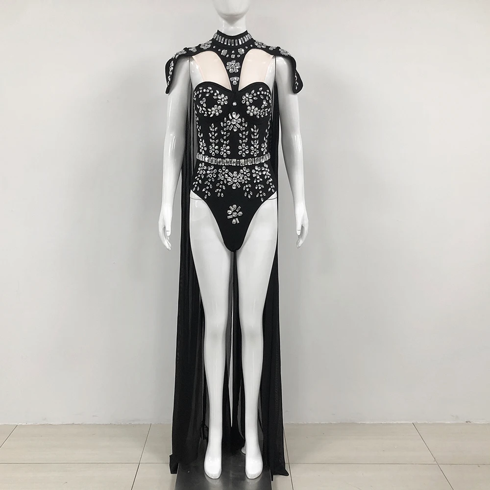 Fashion Design Luxury Diamonds Long Orthopedic Shawl Sleeveless Black Jumpsuit Woman Club Party Dress Stage Performance Costume