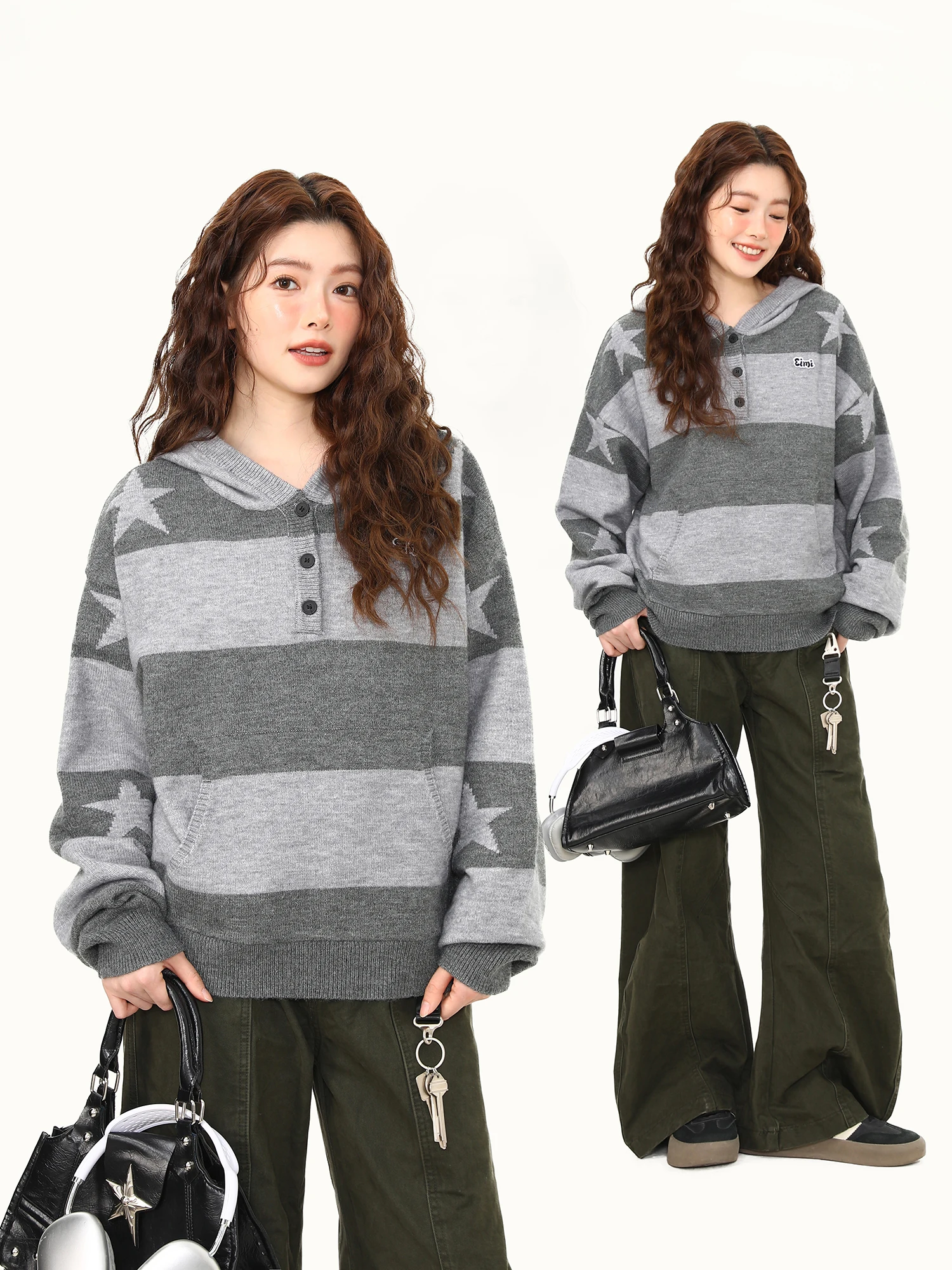 

Wild American Retro Star Striped Hoodie Women's Spring Autumn New Color Blo ort Knitted Sweater Street Sle Loose Fit