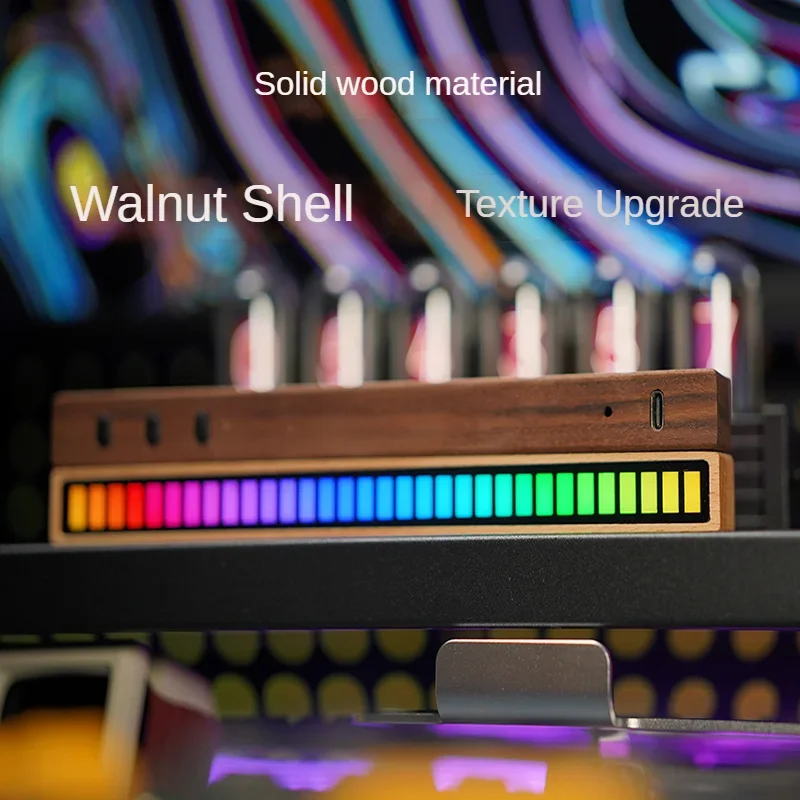 1PCS Walnut Wood  RGB Atmosphere Light Pickup Esports Computer Desktop Voice Control Music Sound Rhythm Car Audio Sound