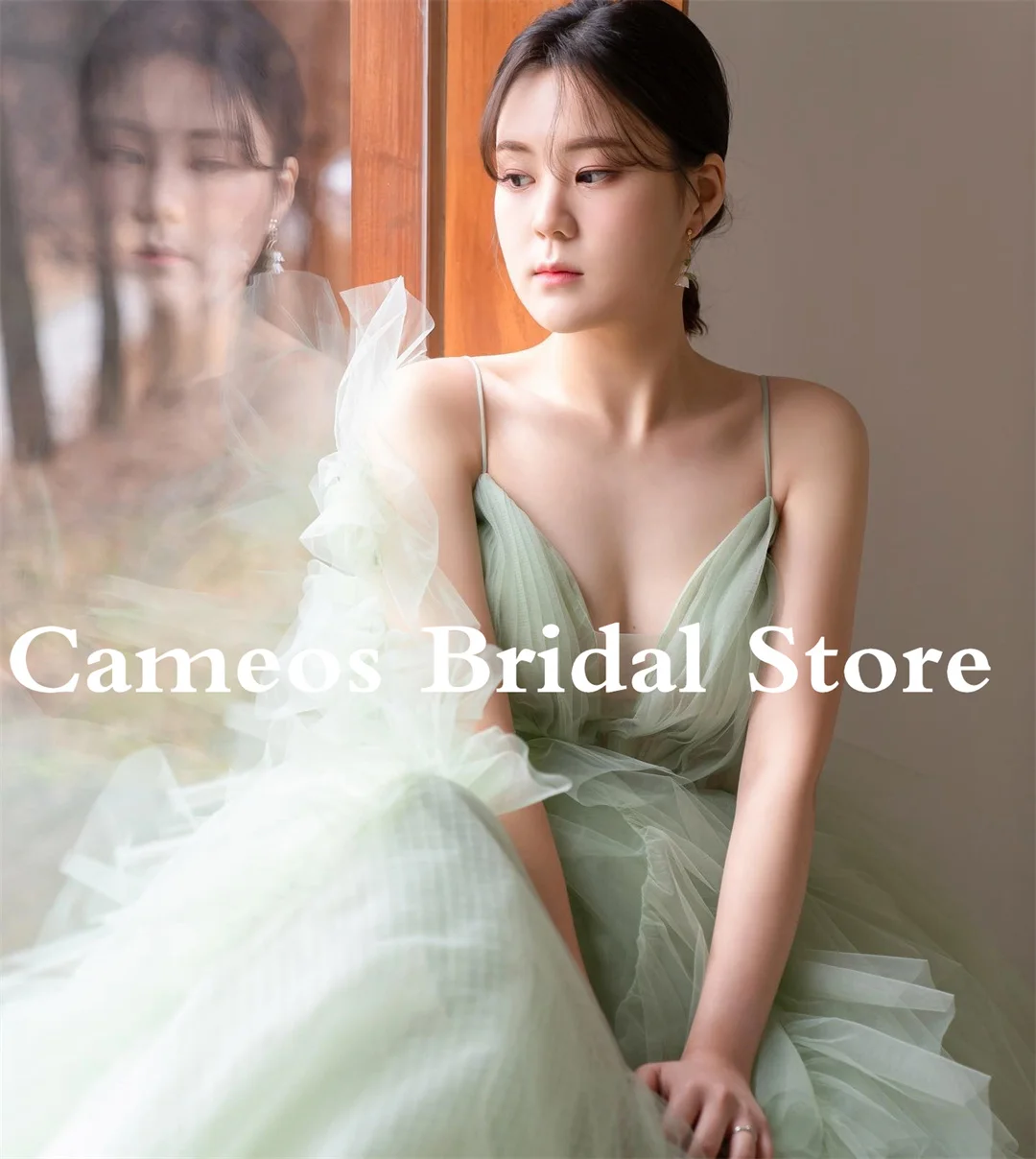 SONDR Spaghetti Straps 드레스  Evening Dress Sleeveless Custom Made Tiered Korea Green Formal Prom Dress  Evening Gown Bridal