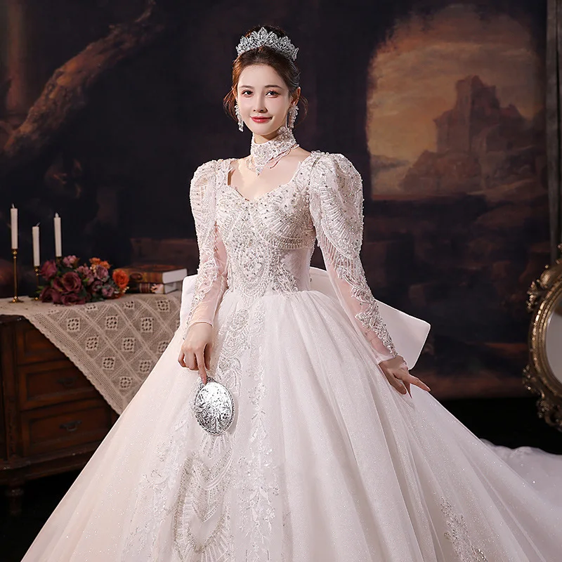 Handmade Custom French Wedding Dress, 2024 New Bride Tail Long Sleeved Palace Style White Host Evening Dress