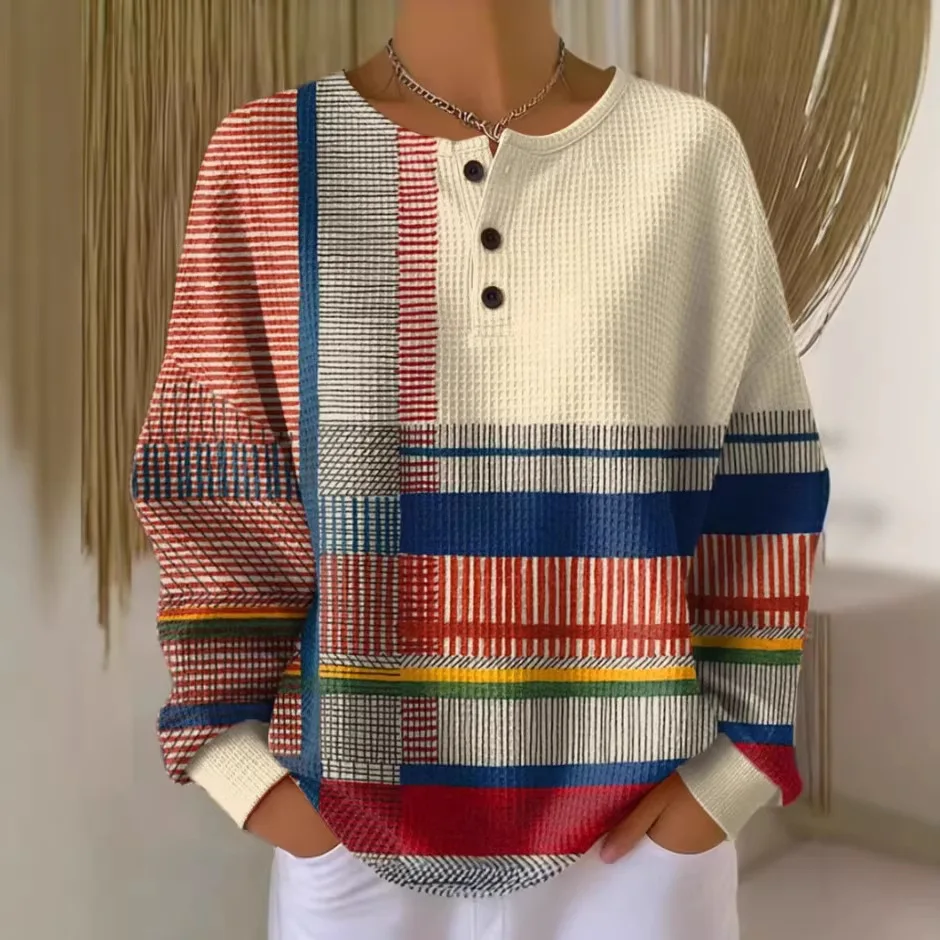 Women's Waffle Knit Henley Pullover Half Button Colorful Geometric Patchwork Long Sleeve Loose Fit Casual Boho Top