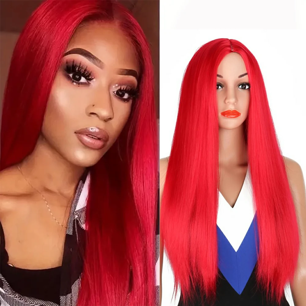 70cm long Silk bone Straight Red Synthetic wigs Middle Part bangs Rose Net Cap Pre Plucked DIY Cosplay halloween Party women wig