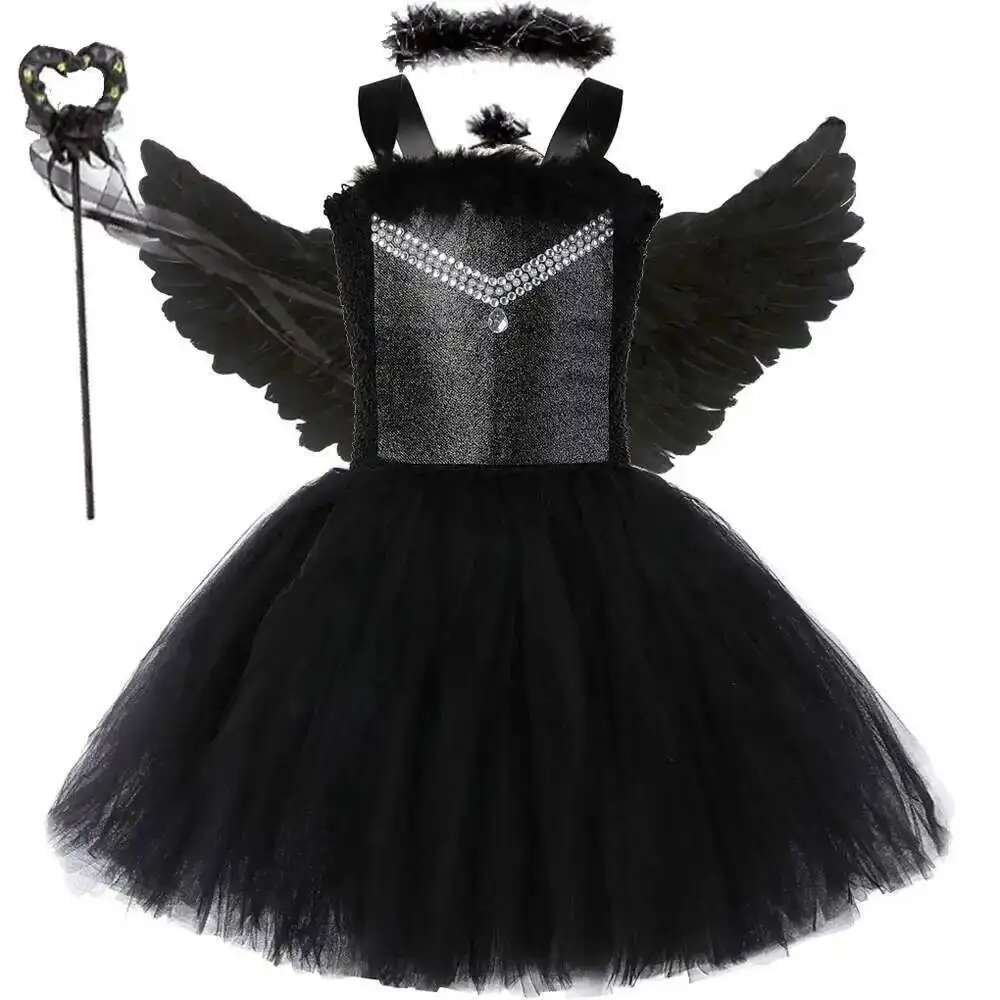 Halloween Birthday Party Solid Black Dark Angel Elegant Nightmare Style Tutu Dress With Feathers Wing Headband Magic Wand Outfit