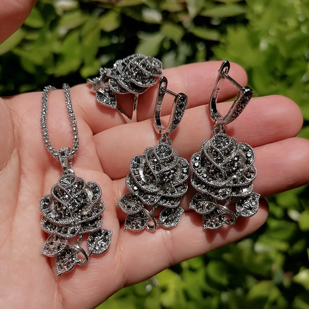 Ajojewel Black Marcasite Rose Flower Jewelry Sets For Women Vintage Necklace Earring And Ring Elegant Gift For Party/Wedding