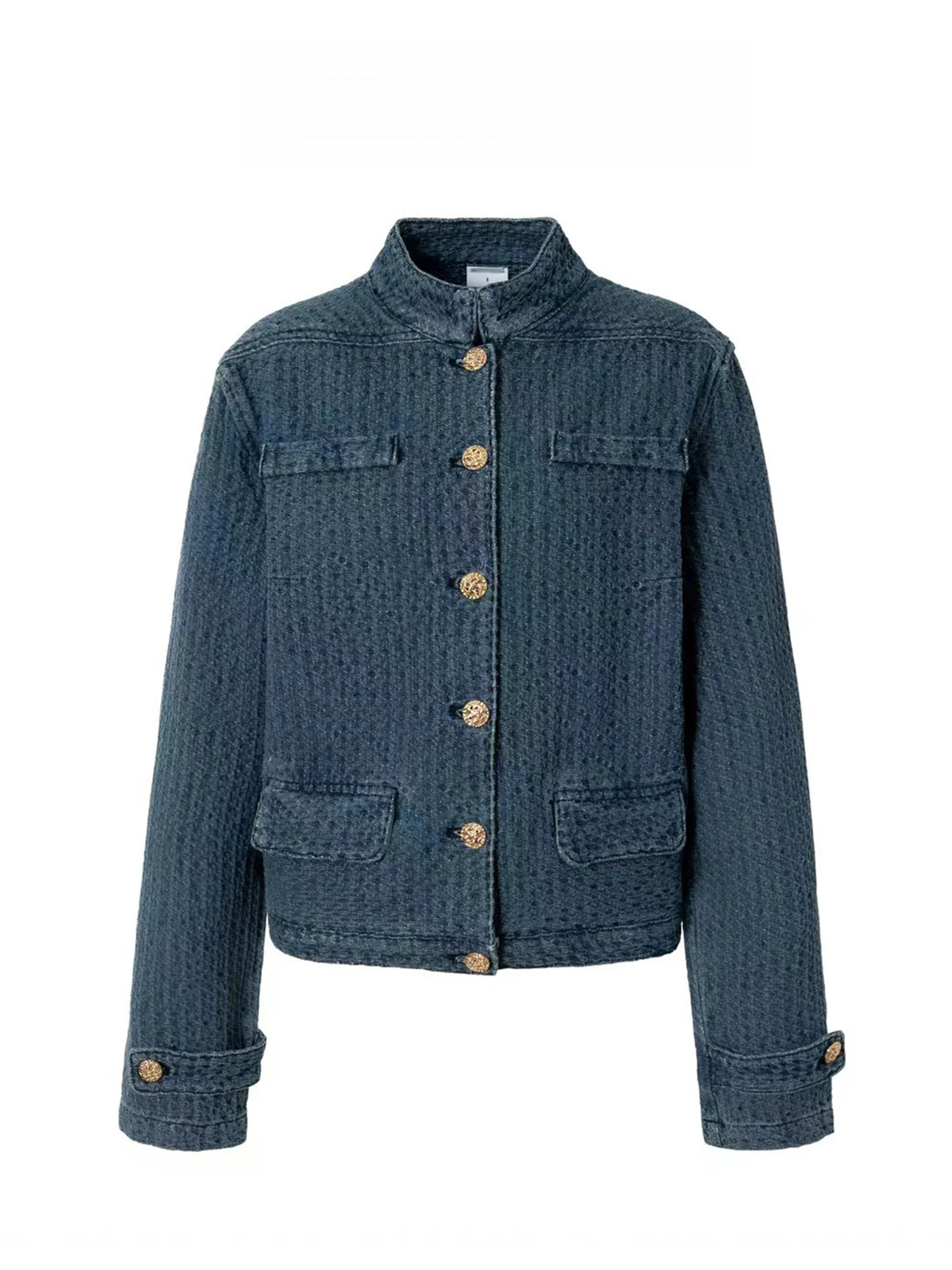 

American Blue Texture Short Denim Jacket Women's Spring High-End Feel Stand Collar Cardigan Top Trendy Slimming Effect