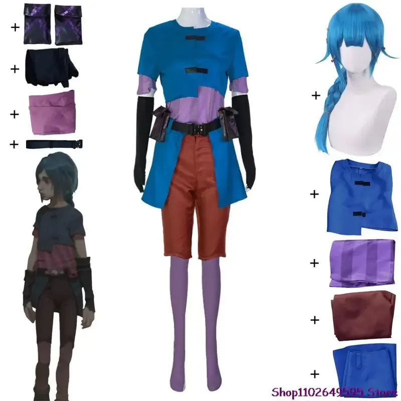 Anime Game LOL Arcane Powder Jinx Cosplay Costume Junior Childhood Clothes Man Woman Coat Pants Blue Braid Wig Halloween Suit