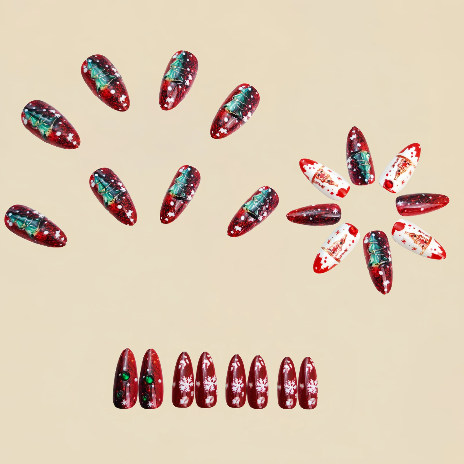 24pcs Glitter Red Almond False Nails Xmas Tree Snowflake Designs Press On Nails Christmas Theme New Year Wearable Fake Nail Tips