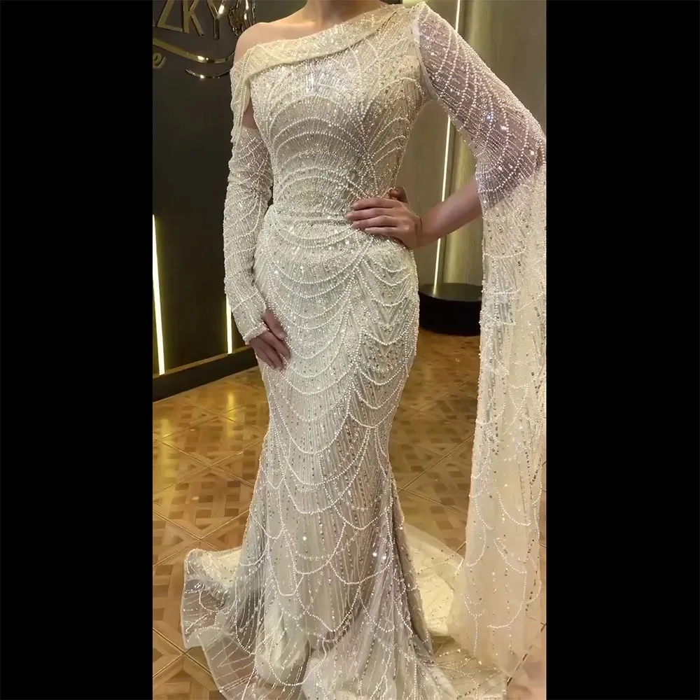 Elegant Mermaid One Shoulder Evening Dress for Women 2024 Luxury Cape Sleeves Pearls Formal Prom Wedding Party Gowns Customized