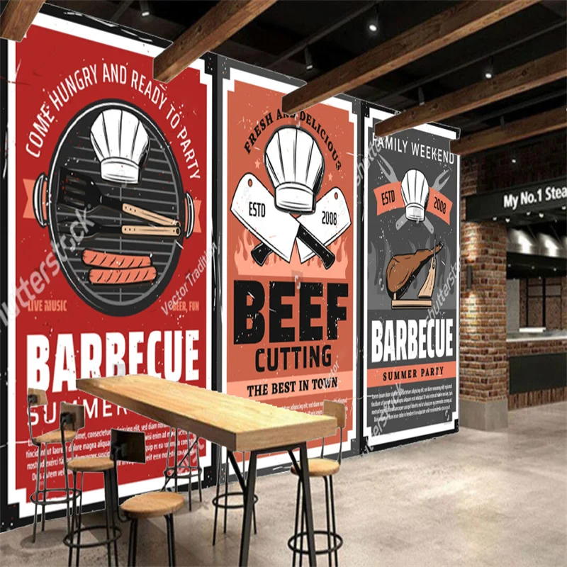 Barbecue Kebab Steak Beef Industrial Decor Wallpaper Restaurant BBQ Party Bar Background Wall Papel De Parede  Papel Tapiz