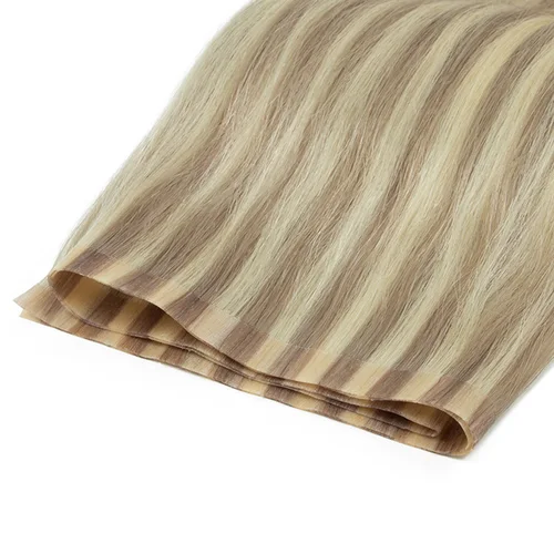 Extensiones de cabello humano con trama de cinta de PU larga y recta, cinta de piel de PU rubia y marrón de 12 ""-22"", trama plana para coser en microenlaces