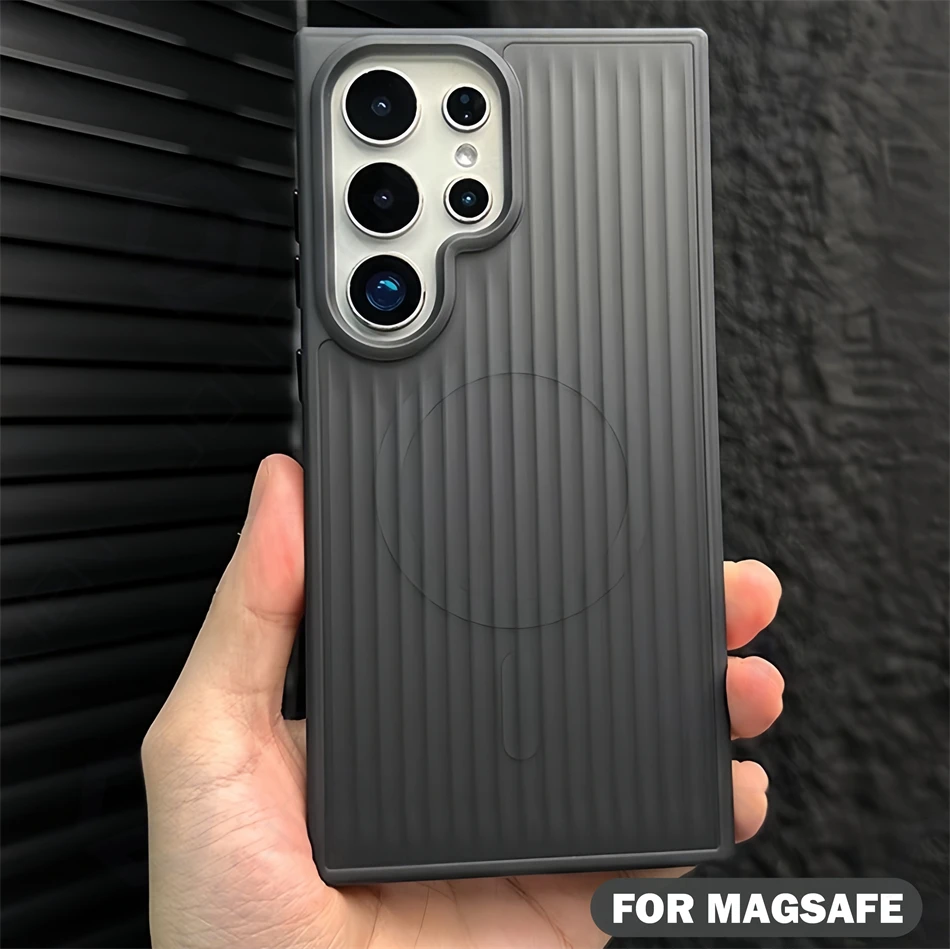 Magnetic Translucent Matte For Magsafe Stripe Case For Samsung Galaxy S25 S24 Ultra S23 S22 Plus Shockproof Frame Armor PC Cover