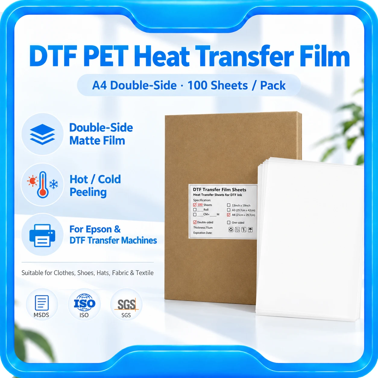 100PC A4 Textile T-Shirt Printing Hot Peel DTF PET Transfer Film For Epson L1800 L805 1390DTF Printer
