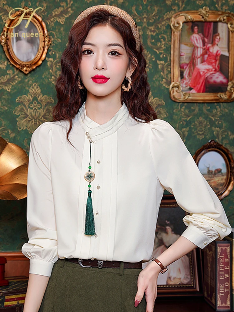 H Han Queen Elegant Blouse 2024 Autumn Chinese Style Chiffon Simple Blouse Loose Tops Long Sleeve Casual Shirt Womans Clothing