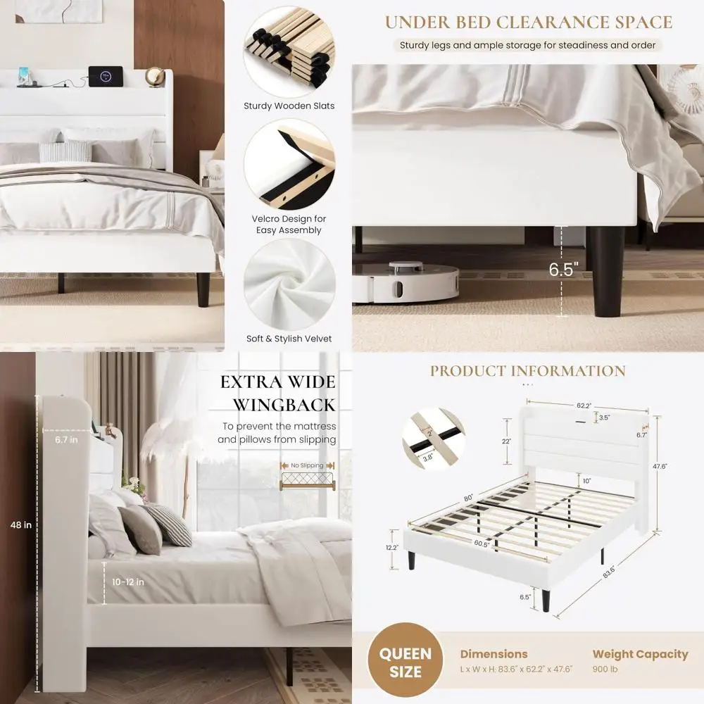 

White Velvet Platform Bed with Charging Station, Wingback Storage, USB & Type-C Ports, No Box Spring, Easy Assembly