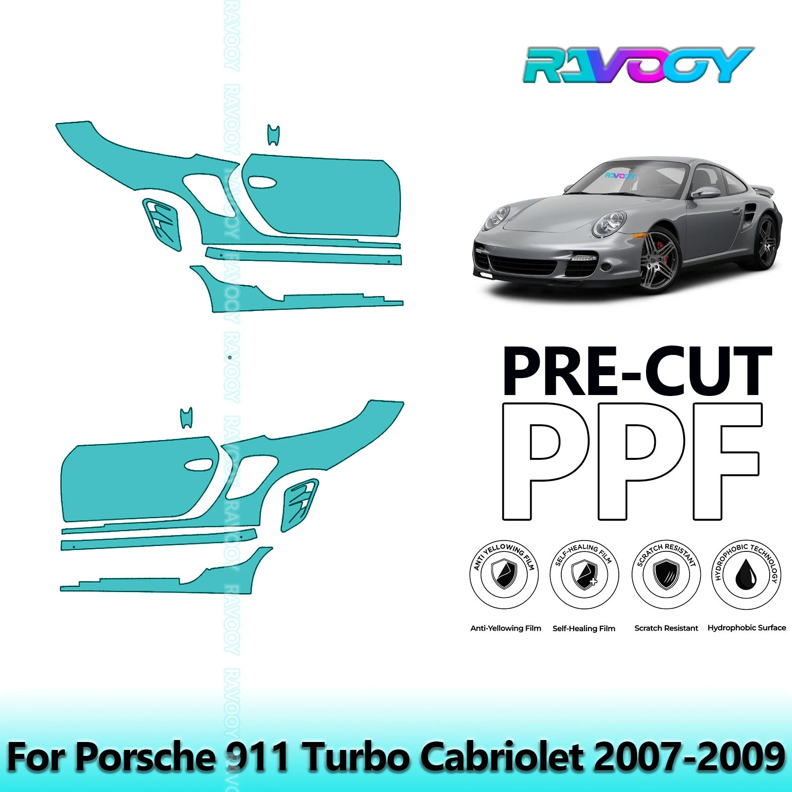 

For Porsche 911 Turbo Cabriolet 2007-2009 8.5mil Clear Matte Pre-Cut PPF Door & A/B Pillar Kit TPU Paint Protection Film Set