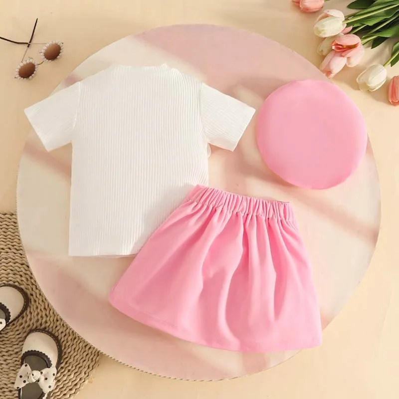 1-3Y Fashion Toddler Baby Girl Clothes Sets Outfits Short Sleeve 3D Flower Decor Ribbed T-shirt Tops A-line Skirt and Hat 3Piece