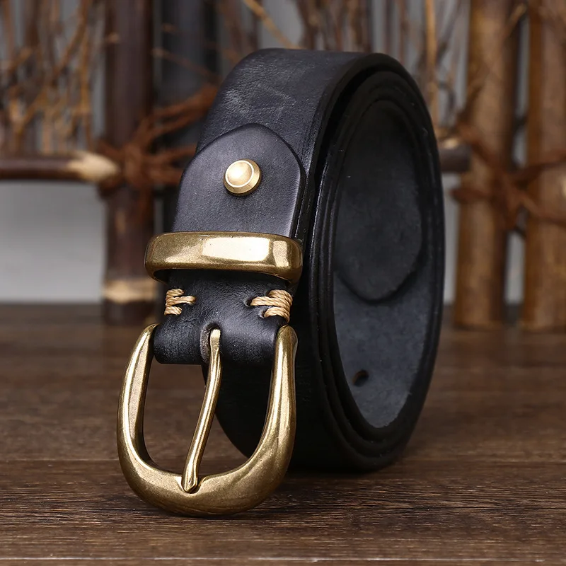 3.3CM Luxury Unisex Fashion Real Cowhide Men And Women Belt Brass Pin Buckle Vintage Designer Genuine Leather Belt For Man