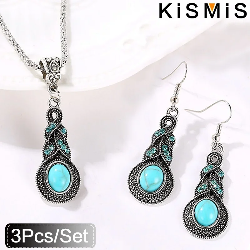 KISMIS 1Set Fashion Vintage Women's Jewelry Set Bohemian Turquoise Necklace Pendant Earring Stud Women's Gift