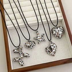 Minar Handmade Leopard Print Chunky Heart Balloon Dog Star Pendant Necklaces for Women Black Color Rope Sweater Chain Chokers