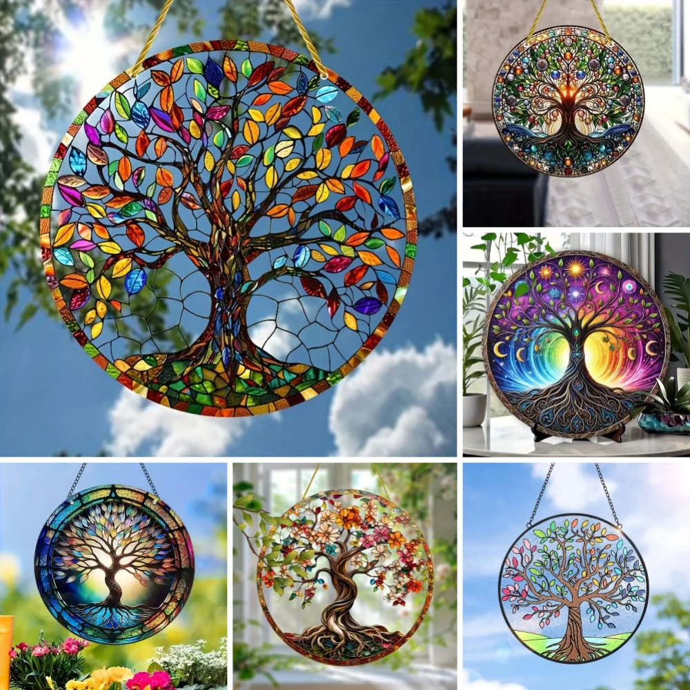 Tree of Life Symbol Suncatcher Acrylic Window Art Catcher for Prom Decor, Decorative Hanging Glass Window for Room, Garden Porch