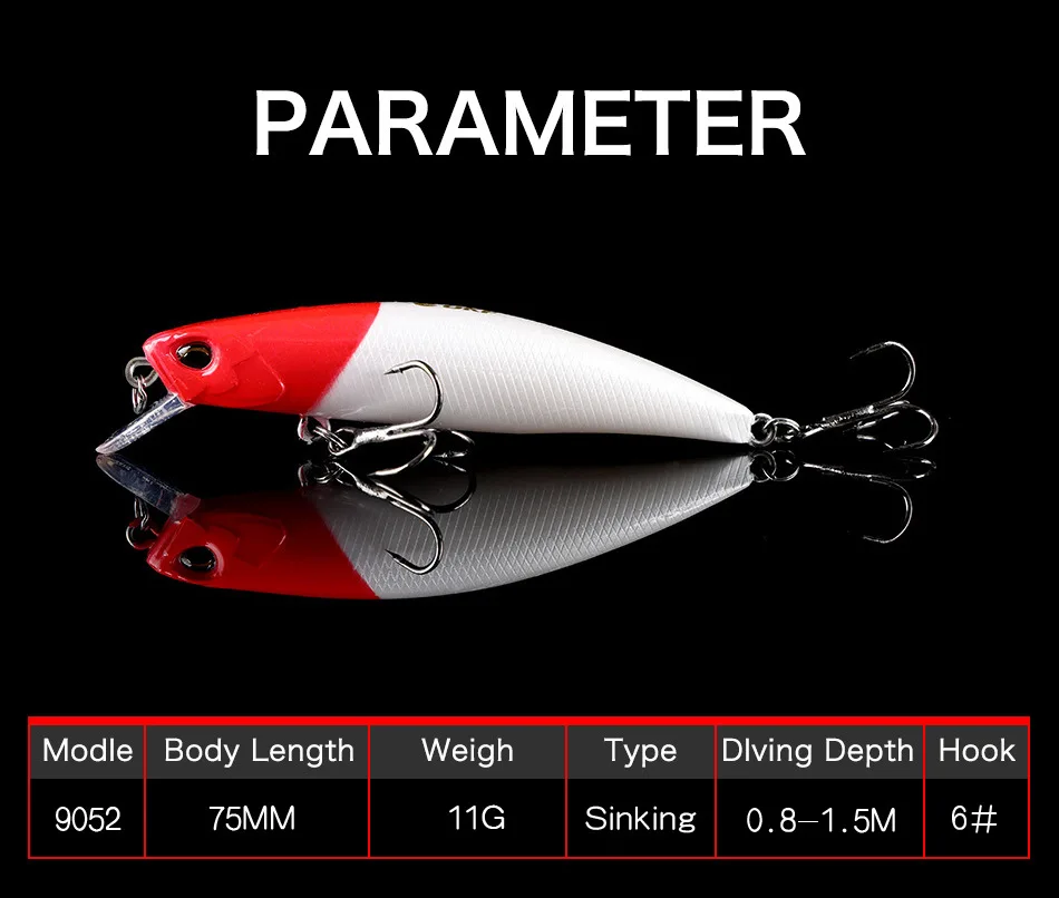 1 buah umpan pancing minnow 11g/75mm, umpan pancing Wobbler tenggelam plastik keras umpan engkol baitslsca buatan untuk menangkap ikan Bass Pike