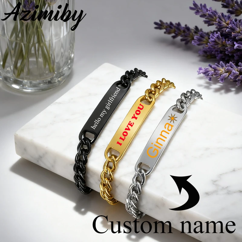

Azimiby из нержавеющей стали с гравировкой, цветной текст, браслеты на заказ для женщин и мужчин, браслет с гравировкой имени и даты, детские ювелирные изделия, подарки