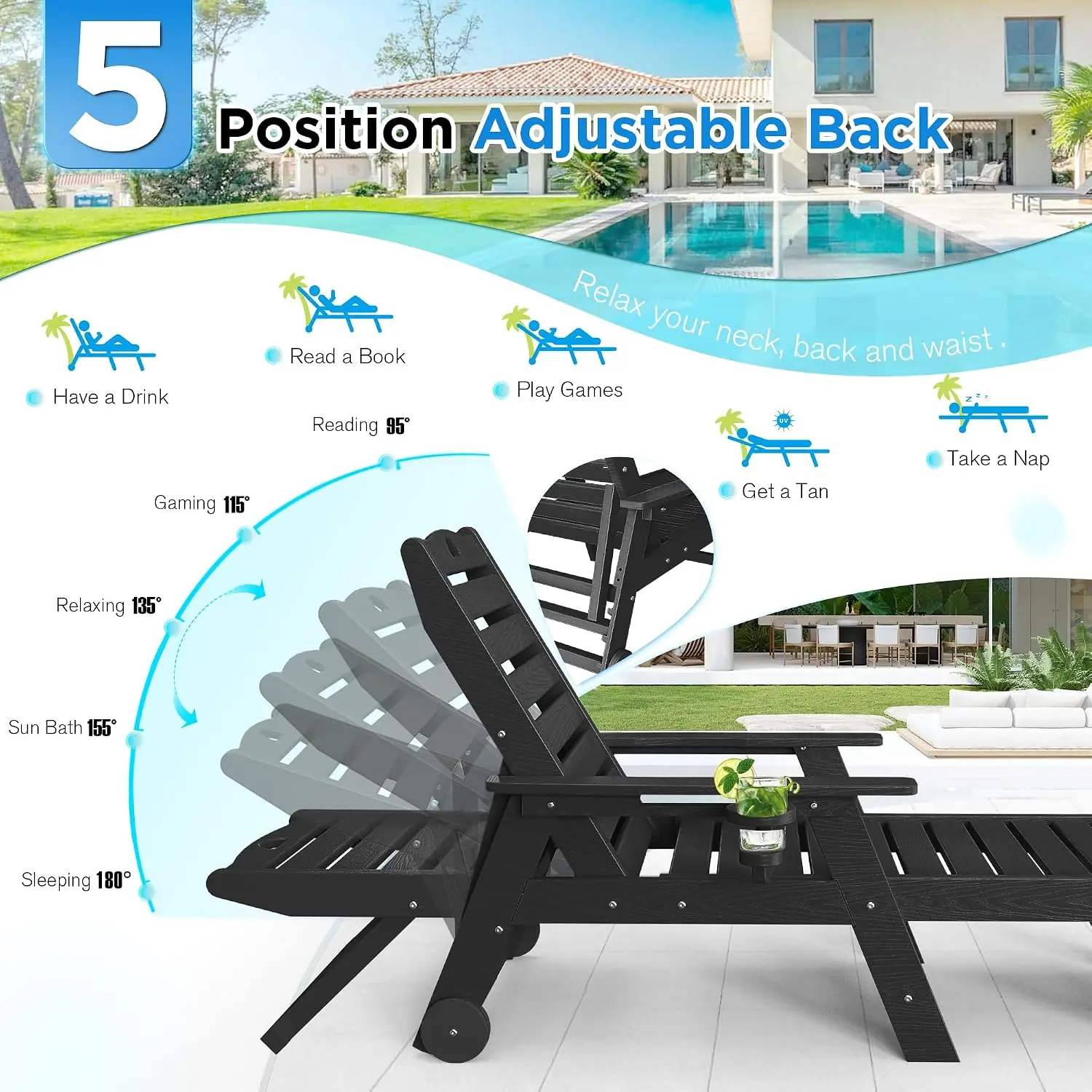 5-Position Adjustable HDPE Outdoor Lounge Chair with Wheels, 400LBS Pool Patio Deck Beach Backyard Chaise, Customized
