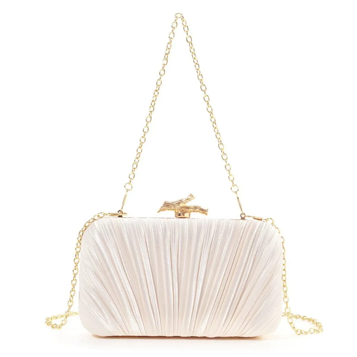 Women Pleated Satin Evening Clutch Bag Twig Shape Metal Lock Hard Shell Purse Detachable Chain for Wedding Bridal Party