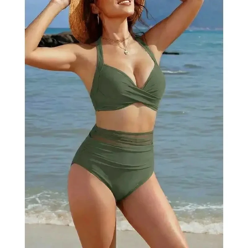 Tummy Control Mesh Bikini Set Women Monokini Swimsuit Sexy Deep V-Neck 1 Piece Bathing Suit Summer Solid Sexy Tight Resort Wear