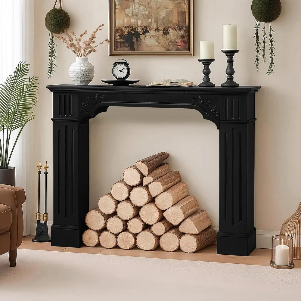 Black Fireplace Mantel Rustic Freestanding Surround Mantel for Fireplace with Decorative Pattern Wooden Mantle with Leg