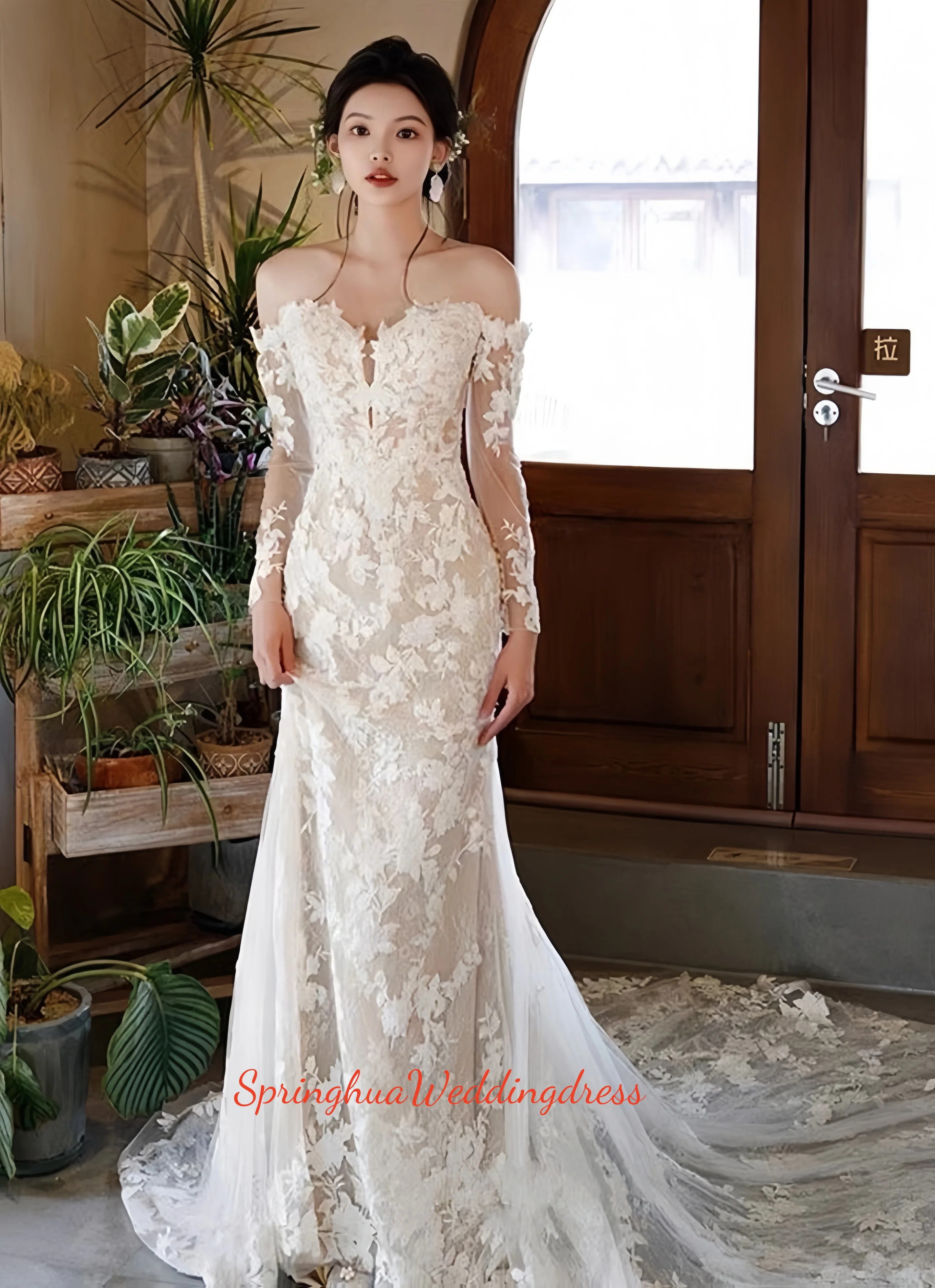 

Customized sweet strapless, glittering applique sequined bridal dress, long-sleeved ball party bridal dress
