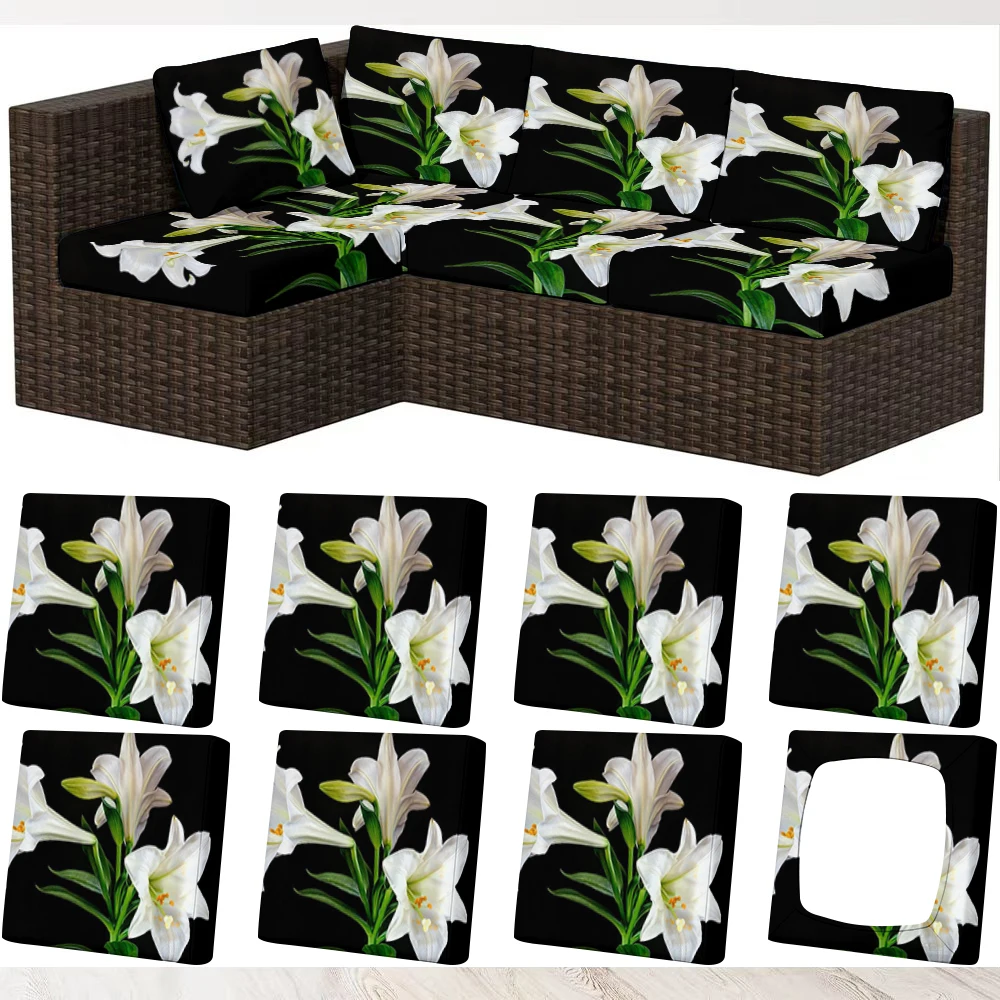 Summer Outdoor Sofa Cover with White Lily Print, Milk Silk Fabric, Elastic & Non - Slip, Suitable for Ind