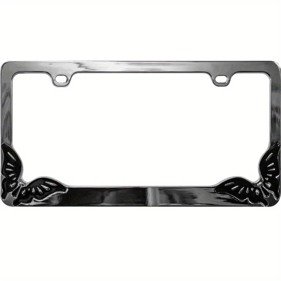 Universal Metal License Plate Frame - Butterfly, with black butterfly decoration, adding a touch of fashion and style.