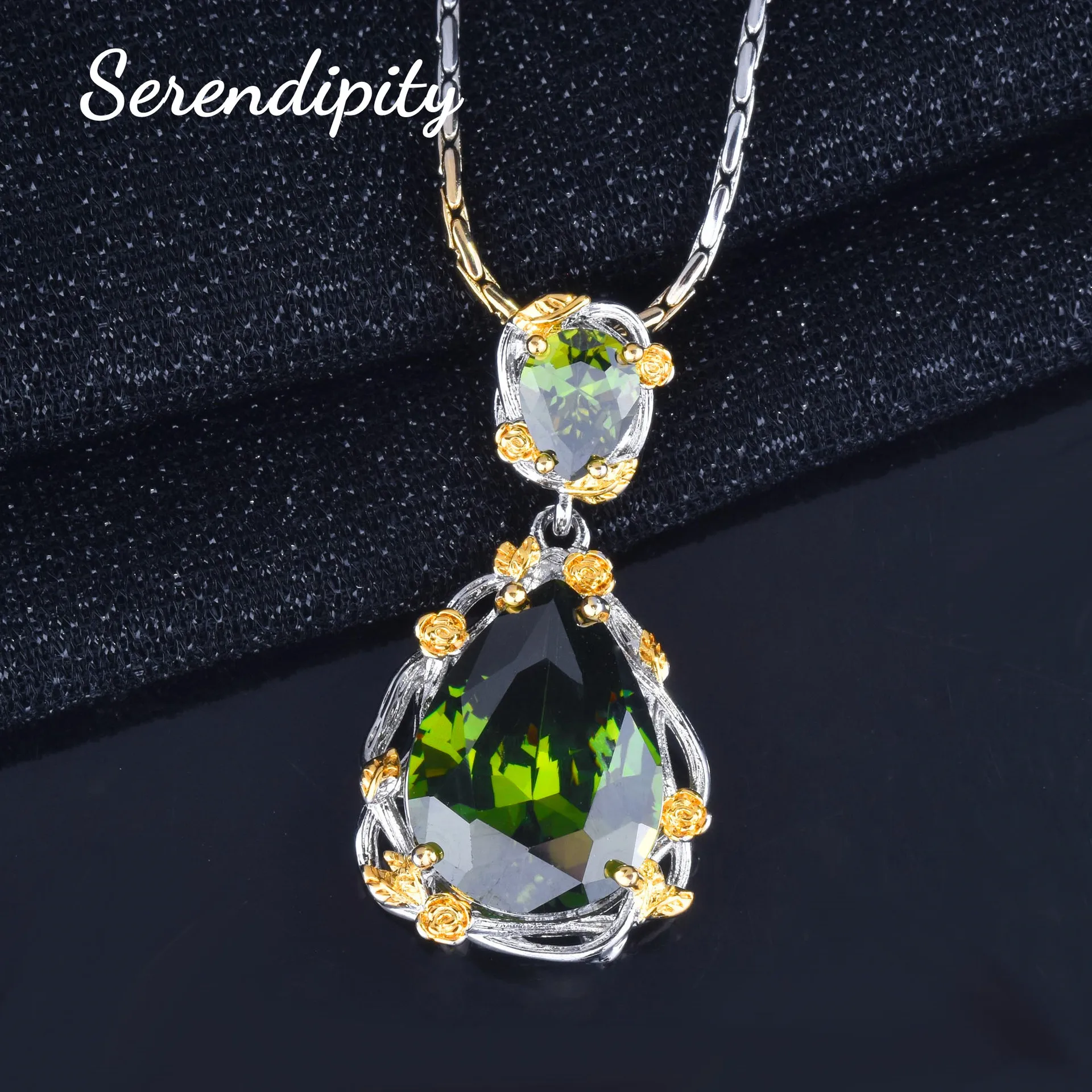 Foydjew Vintage Noble Style Jewelry Sets Simulation Olivine Green Stone Pendant Necklaces Long Drop Earrings Rings Banquet Set