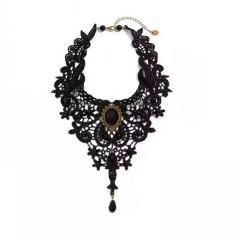 شخصية عصرية رائعة عتيقة الأحجار الكريمة الدانتيل الأسود حبة قلادة القوطية نمط ستيمبونك المجوهرات قلادة للنساء