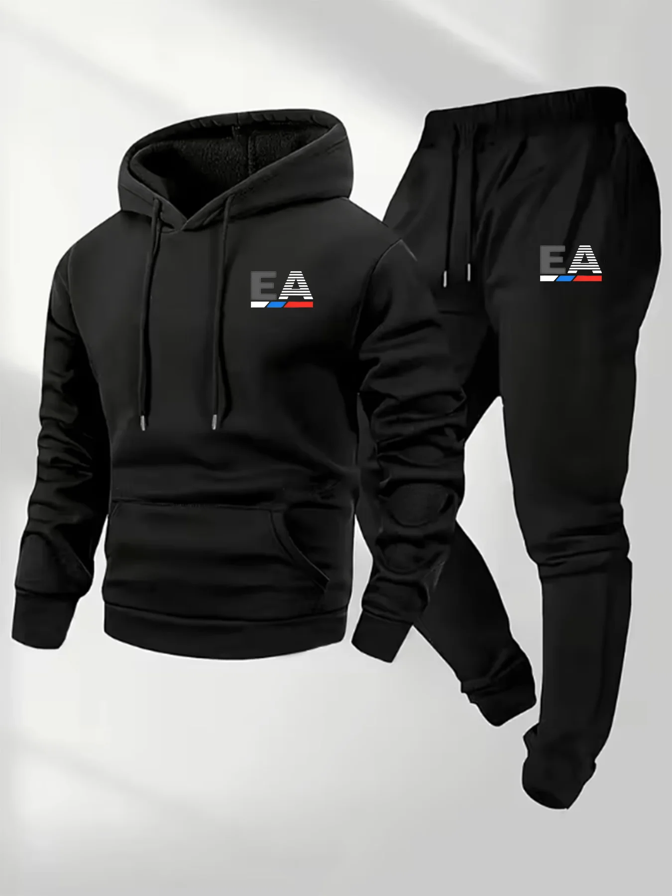 Conjunto Deportivo Casual de 2 Piezas para Hombre, Otoño-Invierno 2026, con Estampado de Letras EA, Sudadera con Capucha Gruesa de Forro Polar de Poliéster y Pantalones Jogger
