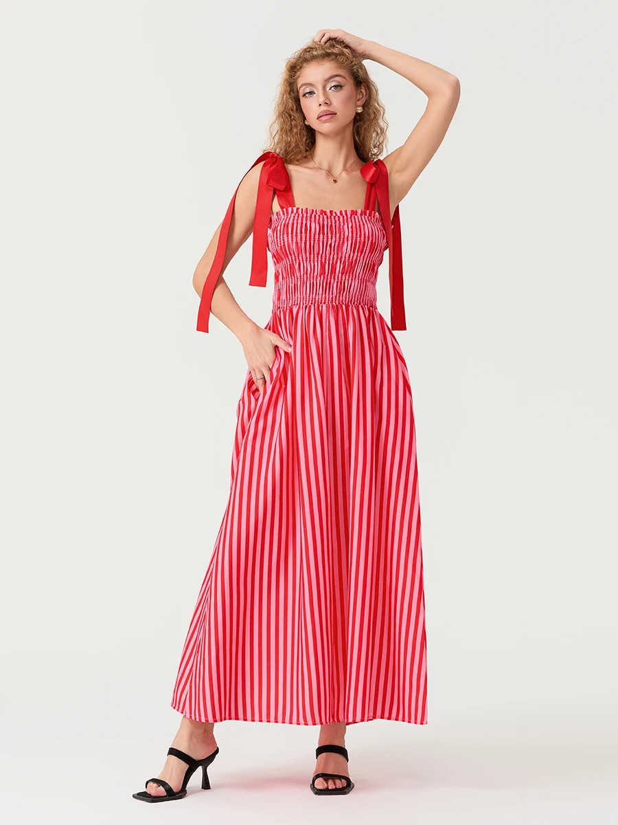 Women's Stripe Print Cami Dress Tie Spaghetti Strap Shirred Detail Backless Long Flowy Dress with Pockets