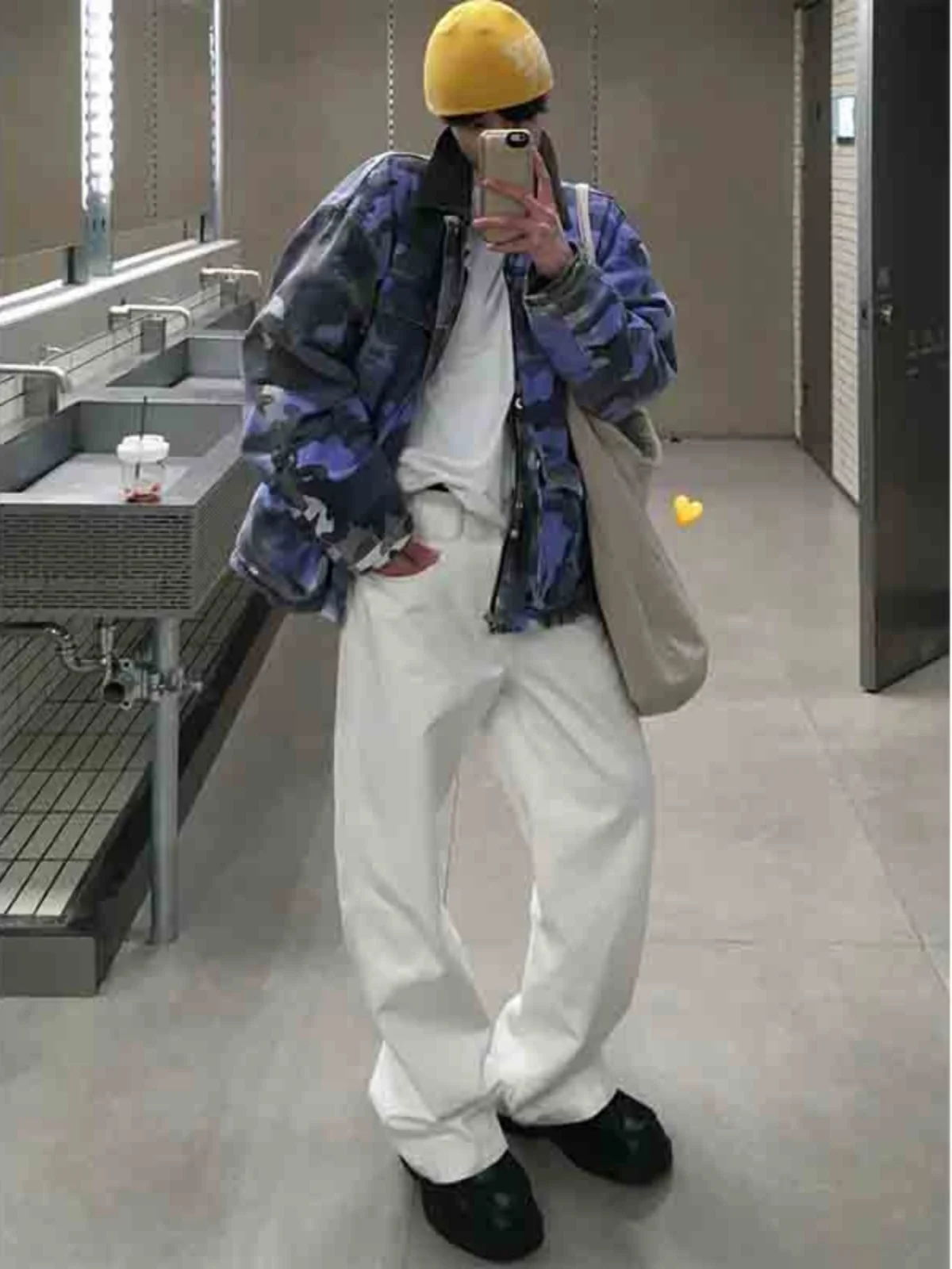 

Cleanfit High Waist Straight Leg Jeans Men's White Denim Pants Muffin Le ape Loose Fit Long Trousers Youth Faion
